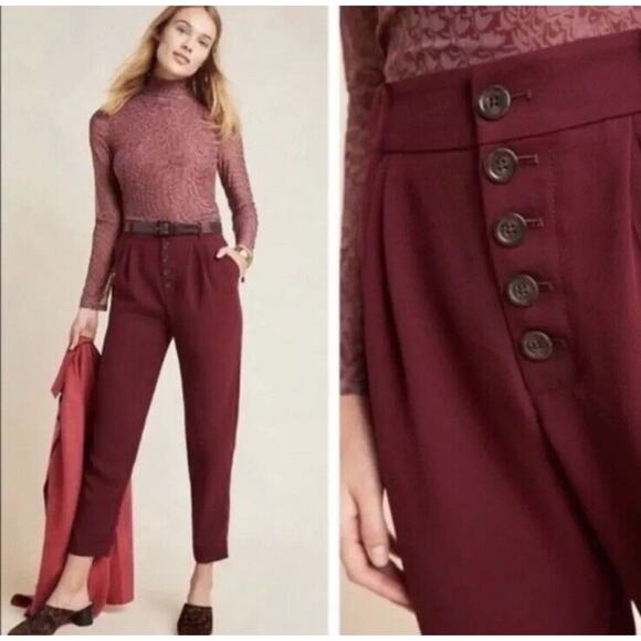 Anthropologie Sasha Red Wine Maroon Button Fly Tapered Pants Trousers Size 6 Ab7 - Picture 1 of 7